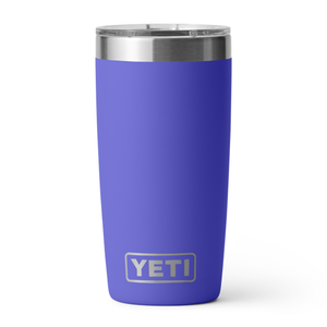 A blue YETI tumbler with a stainless steel lid.
