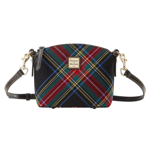 A plaid-patterned Dooney & Bourke crossbody bag with gold hardware, featuring a small front label and adjustable strap.