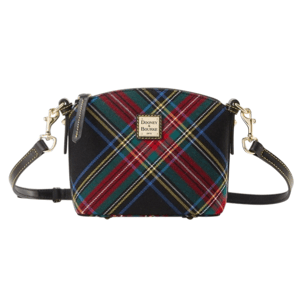 A plaid-patterned Dooney & Bourke crossbody bag with gold hardware, featuring a small front label and adjustable strap.