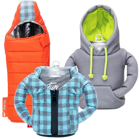 Three drink koozies shaped like clothing: an orange puffer vest, a blue plaid jacket, and a gray hoodie.