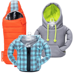 Three drink koozies shaped like clothing: an orange puffer vest, a blue plaid jacket, and a gray hoodie.
