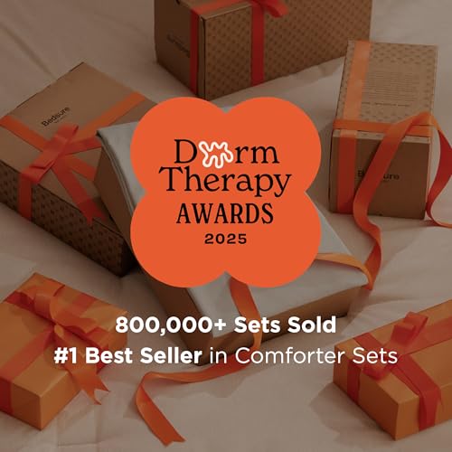 Dorm Therapy Awards 2025 display showcasing boxed comforter sets with orange ribbons, highlighting 800,000+ sets sold and #1 best seller status in comforter sets.