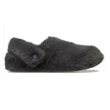 A gray, furry slipper with a cozy texture and a button detail on the side.