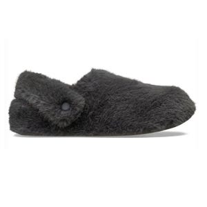 A gray, furry slipper with a cozy texture and a button detail on the side.
