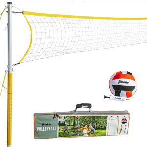 Volleyball set with a net, poles, a ball, and an air pump, packaged in a carrying bag labeled \“Franklin Volleyball.\“