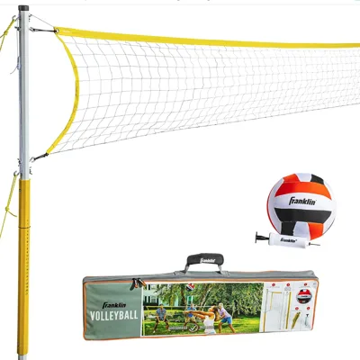 Volleyball set with a net, poles, a ball, and an air pump, packaged in a carrying bag labeled \“Franklin Volleyball.\“