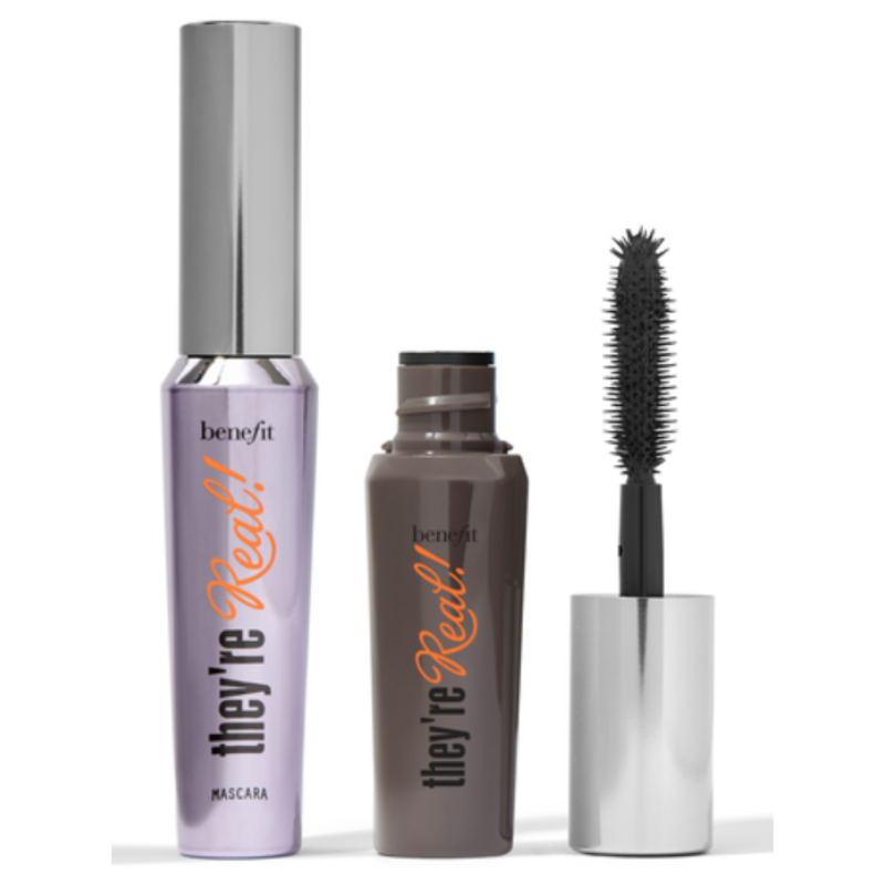 Benefit They're Real! Mascara in a chrome and brown design, featuring a sleek tube and a wand with rubber bristles for application.