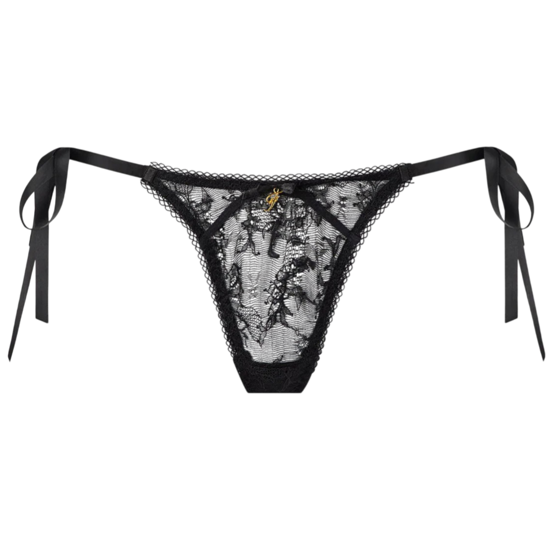 Black lace thong with floral patterns and side ribbon ties, adorned with a small gold emblem at the front.