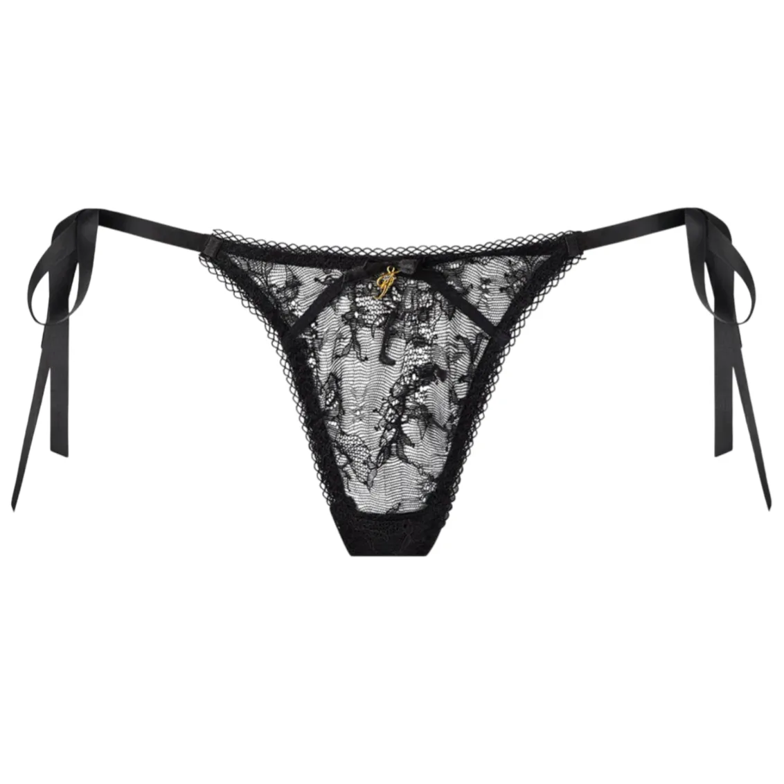 Black lace thong with floral patterns and side ribbon ties, adorned with a small gold emblem at the front.