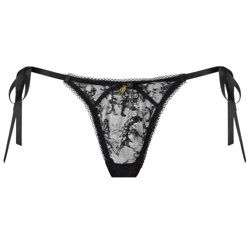 Black lace thong with floral patterns and side ribbon ties, adorned with a small gold emblem at the front.
