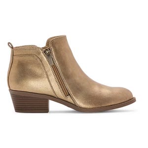 Gold-colored ankle boot with a side zipper and a low, stacked heel.