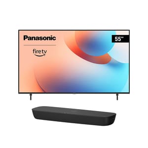 Panasonic 55\“ Fire TV paired with a black soundbar.