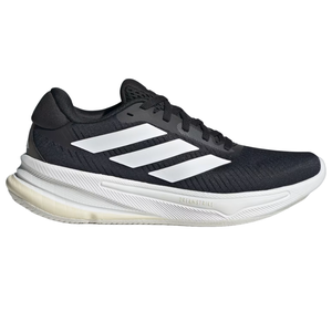 Adidas Supernova Ease Shoes feature a black upper with three white stripes, a cushioned sole for comfort, and a sporty design ideal for running.