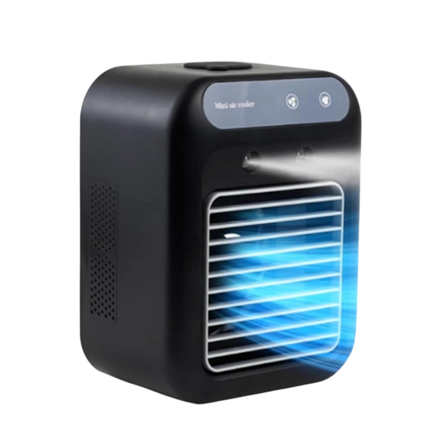 A black mini air cooler with a USB cable, designed to blow cool air. Ice cubes with mint are shown, suggesting added cooling or refreshing features.