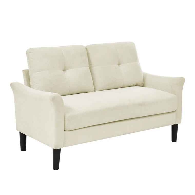 A cream-colored loveseat with tufted back cushions and black legs.