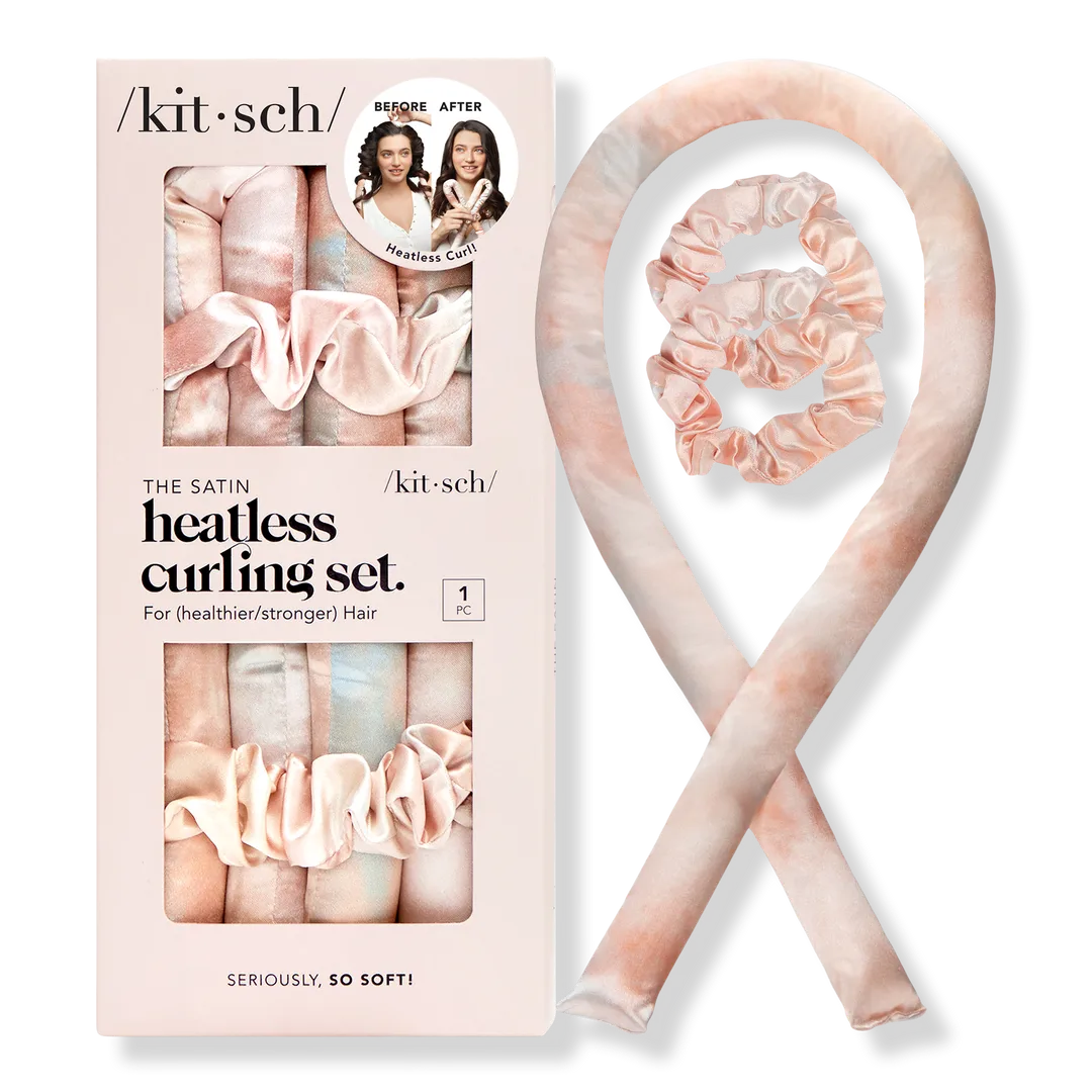 Satin heatless curling ribbon and scrunchie set in pink.