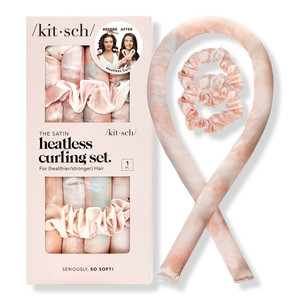 Satin heatless curling ribbon and scrunchie set in pink.