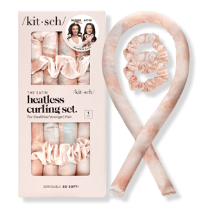 Satin heatless curling ribbon and scrunchie set in pink.