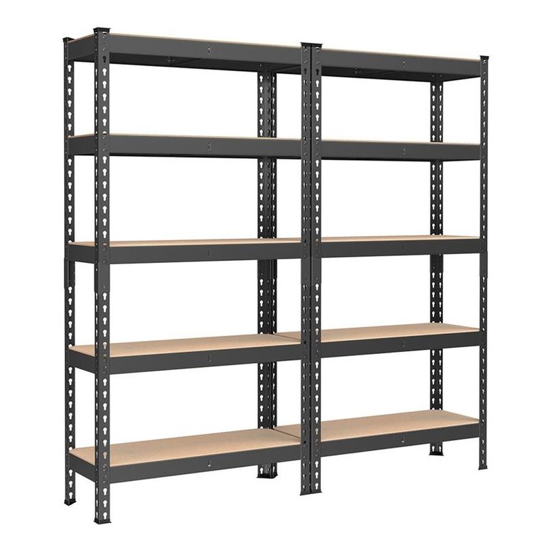 Metal shelving unit with six adjustable shelves, featuring a sturdy black frame and wooden shelves for storage.