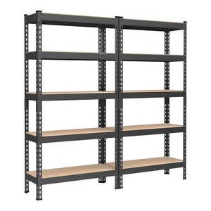 Metal shelving unit with six adjustable shelves, featuring a sturdy black frame and wooden shelves for storage.