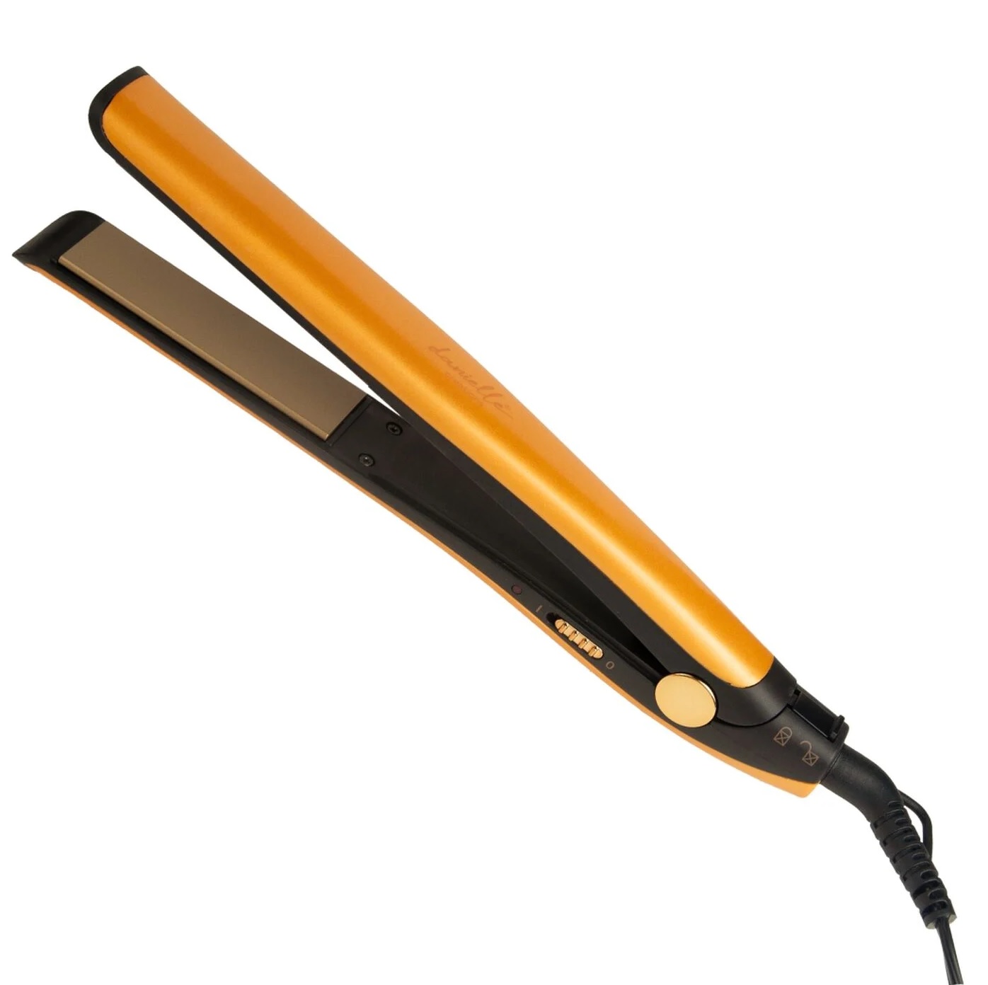 A hair straightener with a yellow and black design, featuring ceramic plates and a power cord.