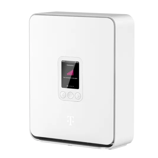 White T-Mobile internet gateway with a small screen displaying connection status and navigation buttons below.
