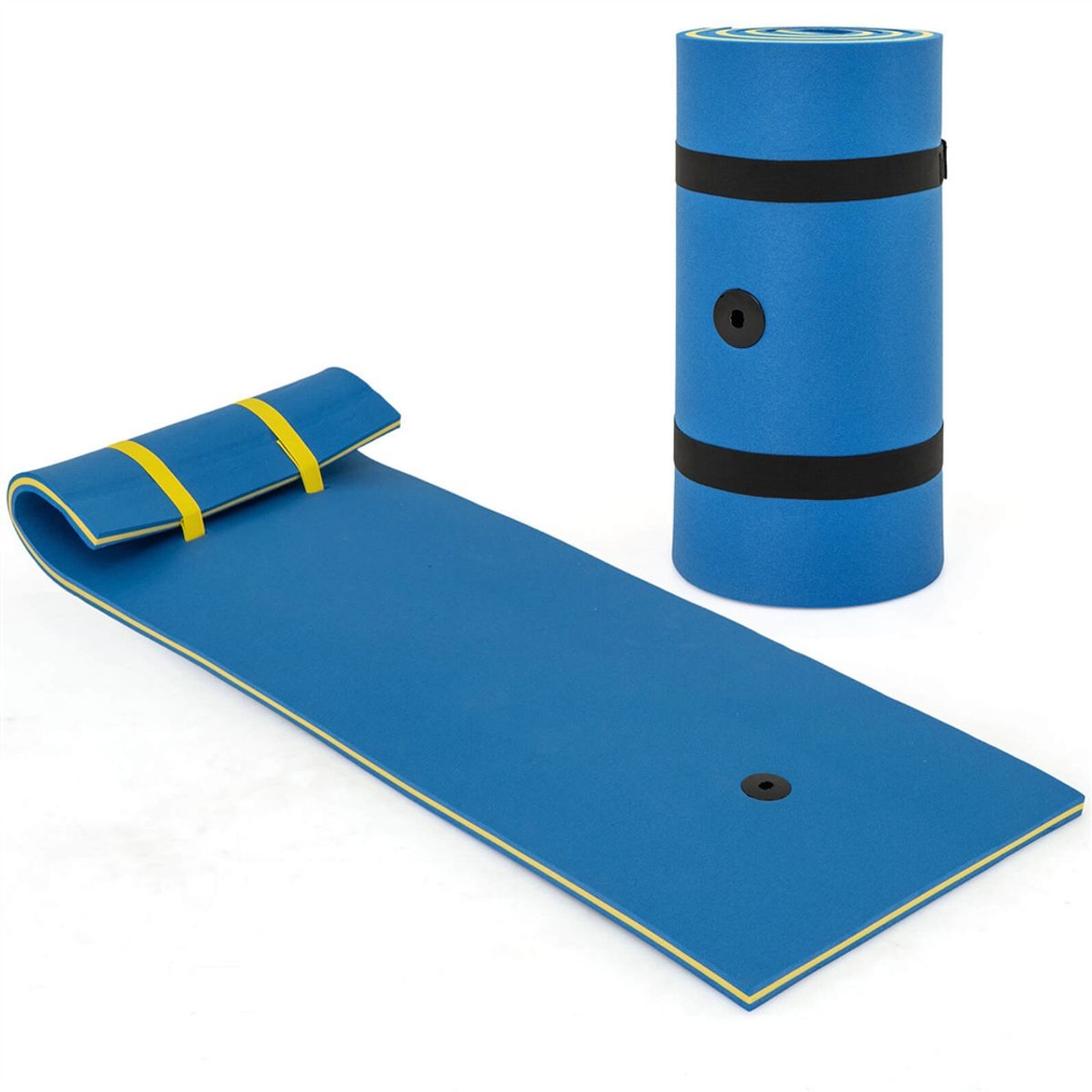 Blue tear-resistant pool float pad with a rolled and laid-out version, featuring yellow accents and black straps for easy carrying and storage.