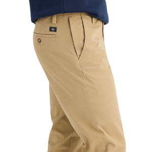 A pair of khaki pants with a pleated front, side and back pockets, and a buttoned closure, worn with a blue shirt.