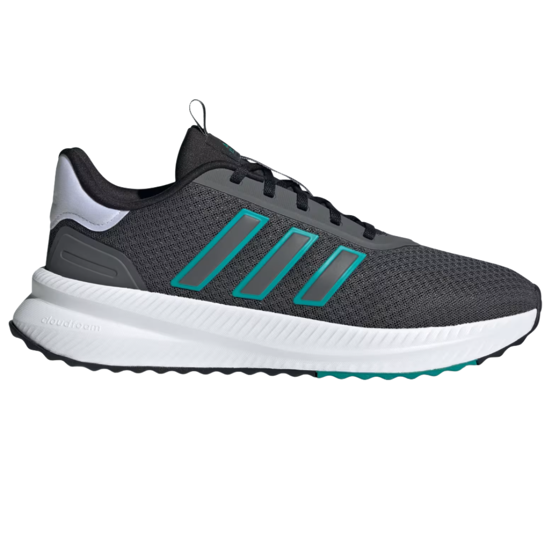 A gray athletic sneaker with teal stripes, featuring a white Cloudfoam sole and black laces.