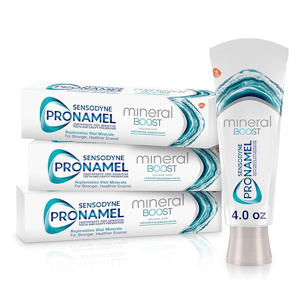 Sensodyne Pronamel Mineral Boost toothpaste, for sensitive teeth and cavity prevention, infused with refreshing peppermint. Four 4.0 oz tubes are shown.