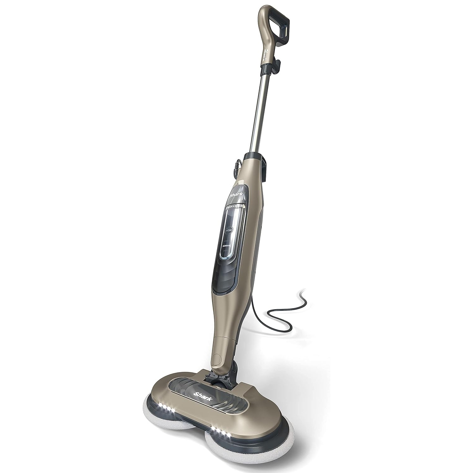 Refurb Shark Steam & Scrub Mop with a sleek, upright design featuring dual rotating pads and a steam release button for deep cleaning. It has a power cord and LED lights at the base.