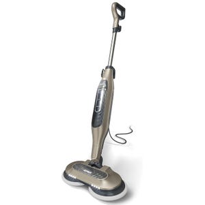 Refurb Shark Steam & Scrub Mop with a sleek, upright design featuring dual rotating pads and a steam release button for deep cleaning. It has a power cord and LED lights at the base.