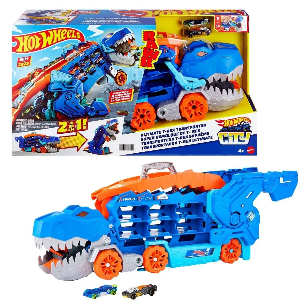 Hot Wheels Ultimate T-Rex Transporter, a blue and orange dinosaur-themed vehicle that transforms and includes several toy cars. Suitable for ages 4 and up.