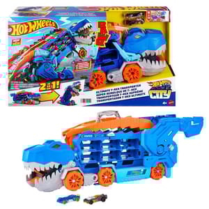 Hot Wheels Ultimate T-Rex Transporter, a blue and orange dinosaur-themed vehicle that transforms and includes several toy cars. Suitable for ages 4 and up.