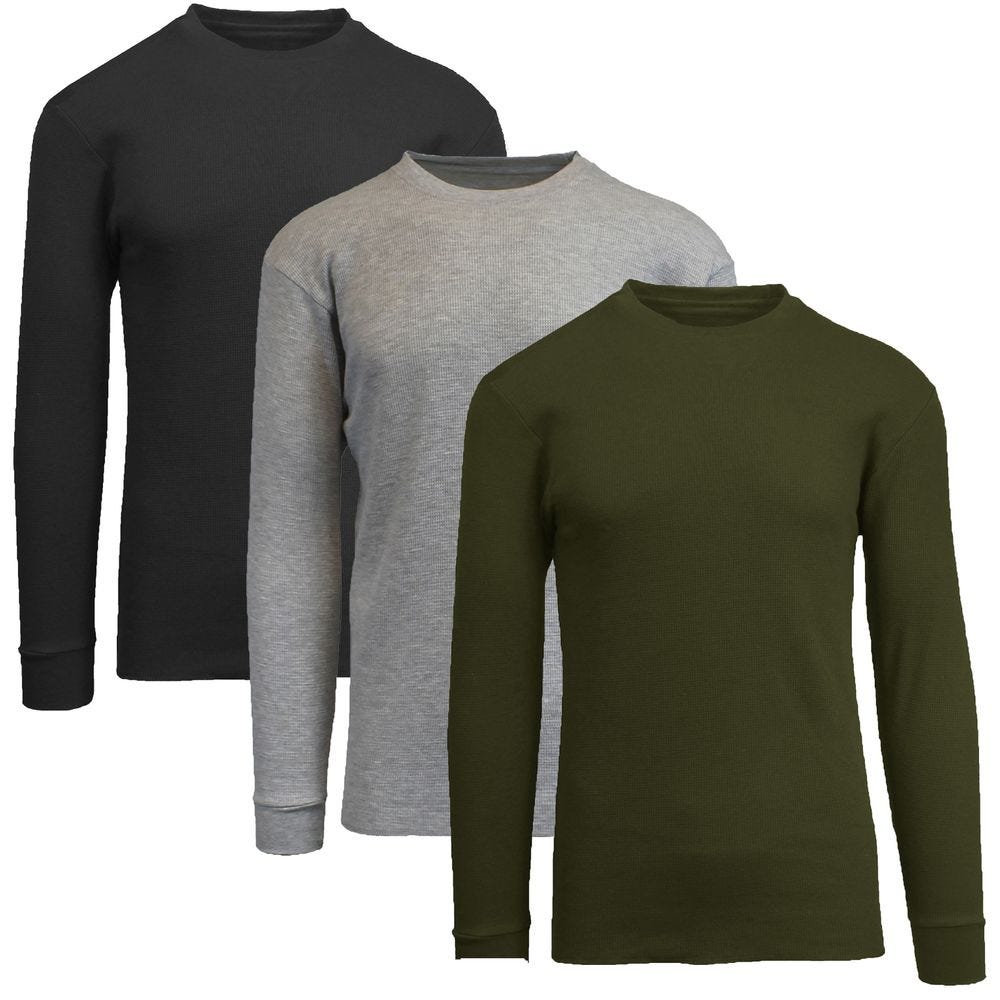 Three long-sleeve shirts in black, gray, and olive green are displayed in a row.