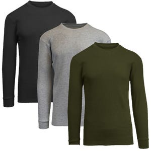 Three long-sleeve shirts in black, gray, and olive green are displayed in a row.