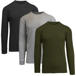 Three long-sleeve shirts in black, gray, and olive green are displayed in a row.