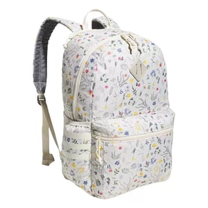 A white backpack with a floral print, featuring multiple compartments, adjustable padded straps, and a haul handle.