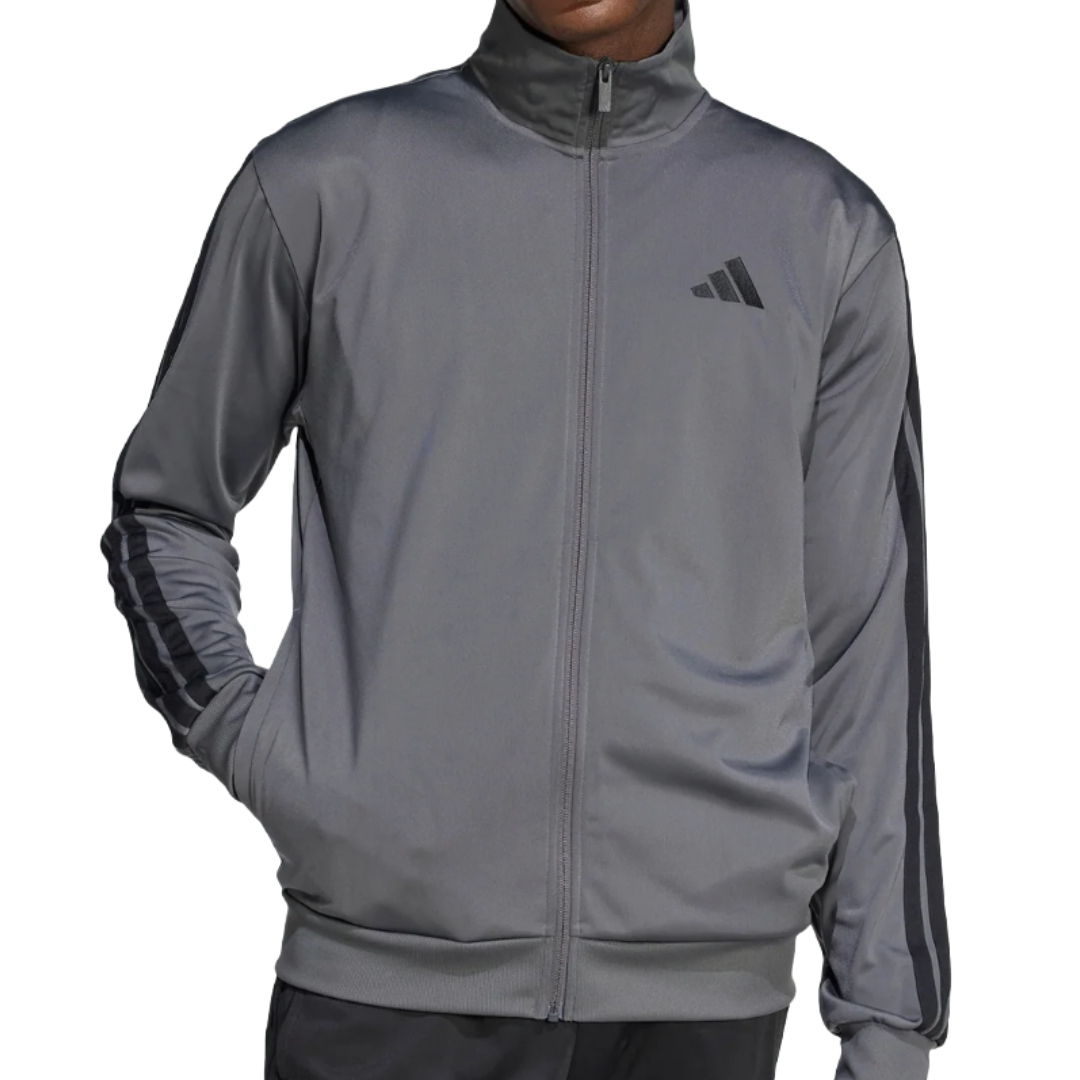 Gray Adidas track jacket with black stripes on the sleeves and a zip-up front. Features the Adidas logo on the chest.