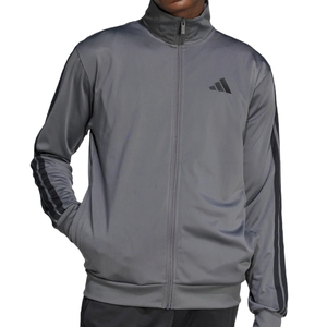 Gray Adidas track jacket with black stripes on the sleeves and a zip-up front. Features the Adidas logo on the chest.