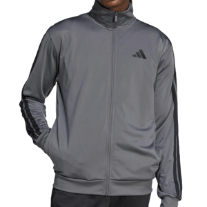 Gray Adidas track jacket with black stripes on the sleeves and a zip-up front. Features the Adidas logo on the chest.
