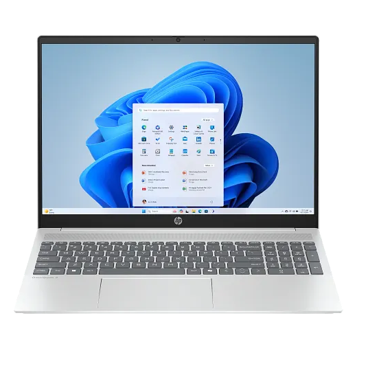 A silver HP laptop with a Windows operating system interface displayed on the screen.