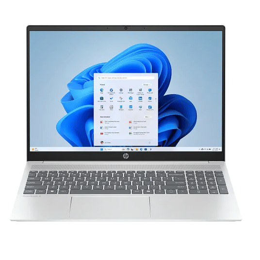 A silver HP laptop with a Windows operating system interface displayed on the screen.