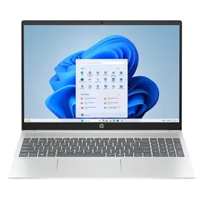 A silver HP laptop with a Windows operating system interface displayed on the screen.