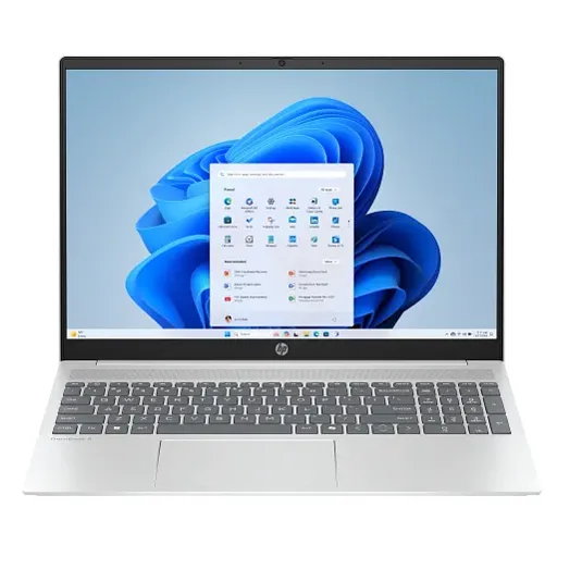 A silver HP laptop with a Windows operating system interface displayed on the screen.