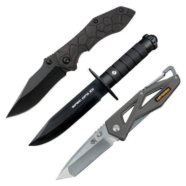 Three knives are displayed: a folding knife with a textured black handle, a fixed blade with a black grip labeled \“SPEC OPS 101,\“ and a folding knife with a metallic handle featuring cut-out designs and a carabiner clip.