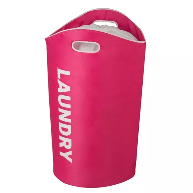 Bright pink cylindrical laundry basket with \“LAUNDRY\“ text in white, featuring cutout handles for easy carrying, and white lining at the top.