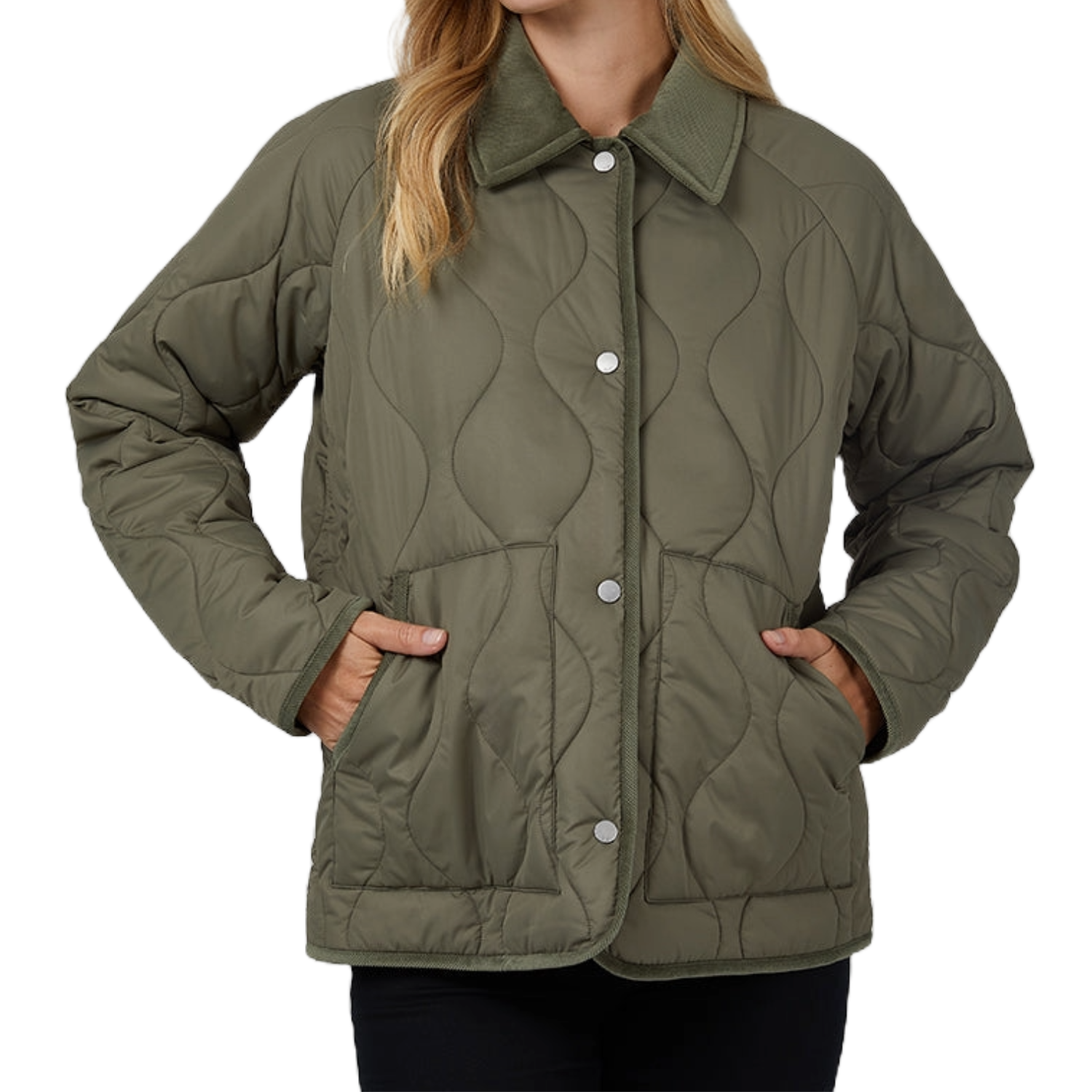 Olive green quilted jacket with a wave pattern, snap button front, and two side pockets; features a corduroy-lined collar.