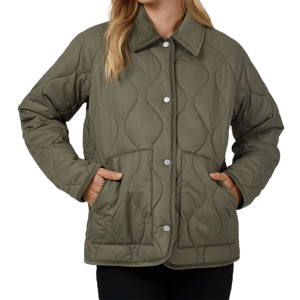Olive green quilted jacket with a wave pattern, snap button front, and two side pockets; features a corduroy-lined collar.