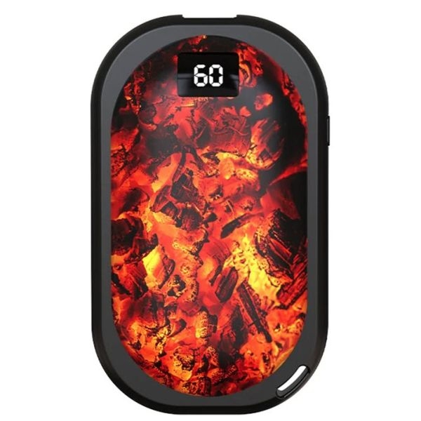 A hand warmer power bank with a digital display showing \“60,\“ featuring a design resembling glowing embers. The device is oval-shaped and has a black border.